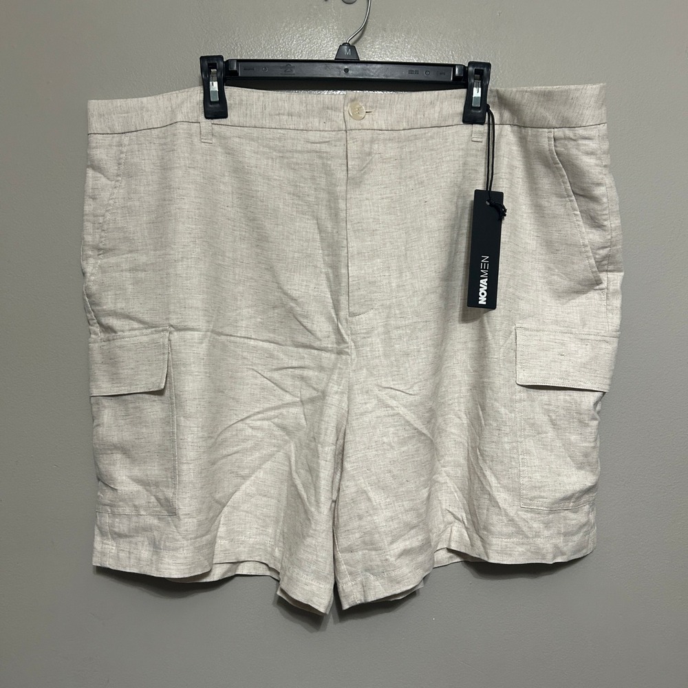 Fashion Nova Cargo Shorts Mens 42 Oatmeal NEW Linen Blend Utility Bahamas Resort